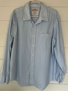 Aeropostale Men's Light Blue and White Pinstripe Button-Down Shirt